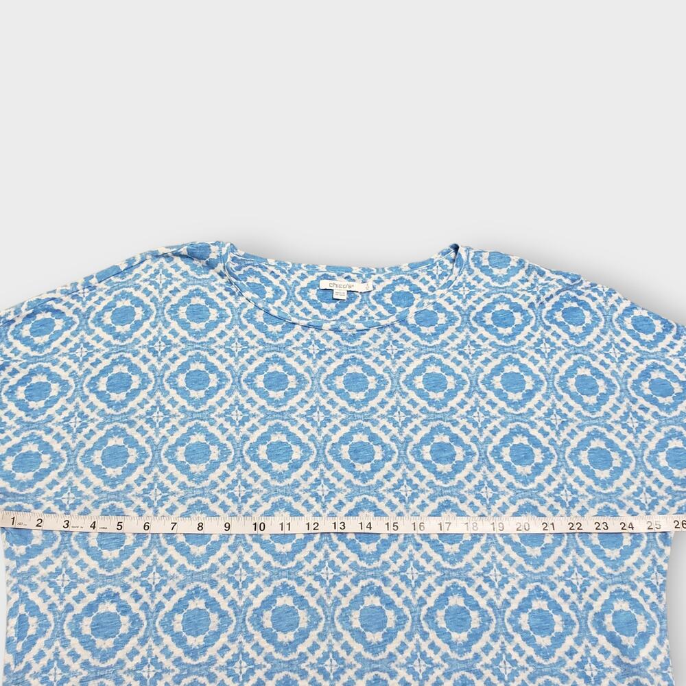 Chico's Blue Geo Print Linen Dolman Top‎ Sz 3 (XL) Summer Coastal Beachy Casual - Picture 9 of 12